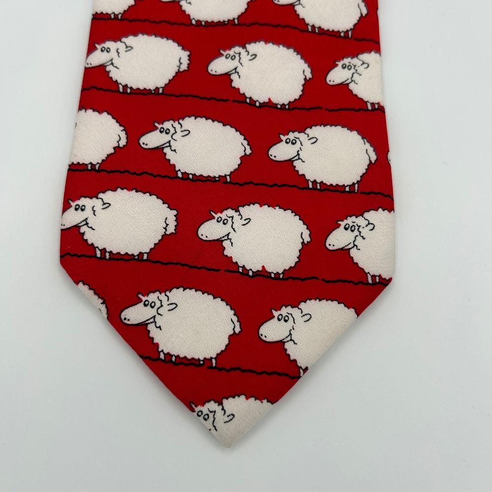 Robin Ruth Necktie Sheep Novelty Mens OS Red Silk Whimsical Preppy